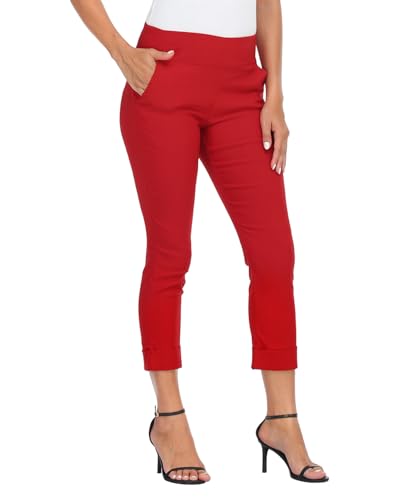 HAPPIERE Pull On Capri Pants for Women Elastic Waist Work Casual Dress Cropped Pants with Pockets & Cuff Red