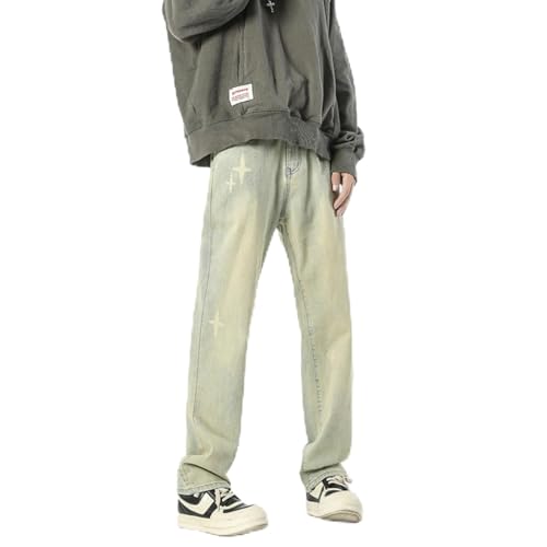 Jeans Pants Trousers Denim Spring and Autumn High Street Star Printed Men's Classic Stretch Yellow Mud Long