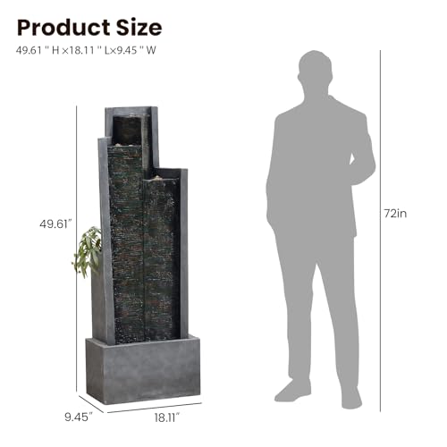 49.6" H Garden Fountains Outdoor Modern Cascading Indoor Water Fountain Tall Floor - Standing Fountain with Lights for Garden, Patio, Yard, Deck and Home Art Decor