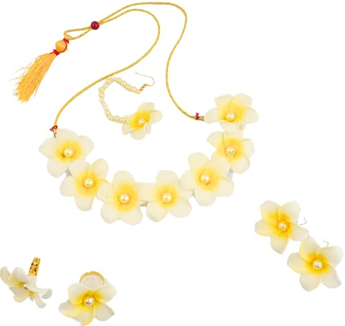 BengCraft Artificial Chapa Flower Bridal Haldi Jewellery Set of Necklace, Earrings, Finger Ring & Maang Tika for Women Bride | Handmade Floral Jewelry for Bride's Mehendi, Mehndi, Baby Shower, Festive Party Function 1 31 DZbbEK2L. SL500