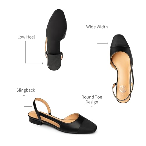 Trary Slingback Flats for Women, Black Dressy Comfortable Round Square Toe Shoes, Work Office Casual Ankle Strap Dress Flats3