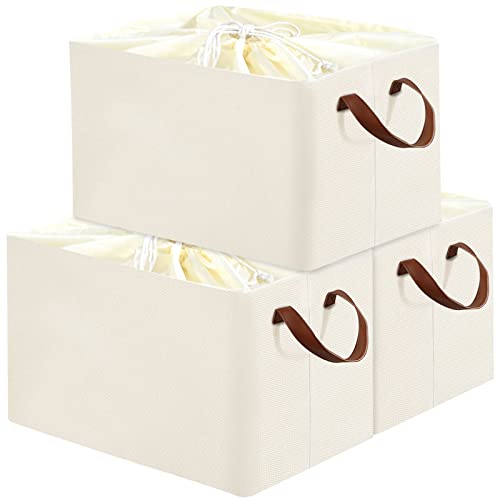 Yawinhe Cesta de almacenamiento con marco de metal, 3 pack caja de almacenamiento plegable de tela, con cubierta de cordón y 2 asas, para toallas, juguetes, ropa, 42x32x26cm, Beige, SNK013BEL-3 Cover