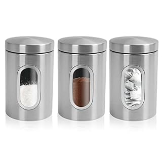 Top 3 Kitchen Storage Canisters – 3 Piece Storage Container Set – Stainless Steel Containers With Lids – Ergonomic Food Containers – Storage Jars With Window – For Tea, Coffee Sugar (2022)