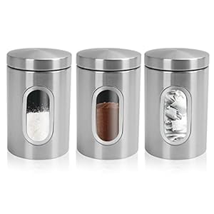 1ABOVE 3 PC Kitchen Storage Canisters | Stainless Steel Containers with Secure Lids | Viewing Window | Storage Tin for Tea, Coffee Sugar, Nuts, Cereal