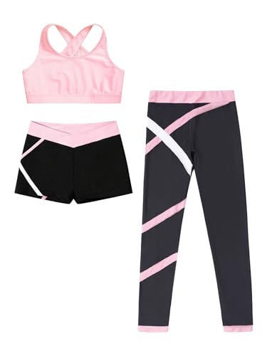 Kids Girls 3Pcs Dance Sports Outfits Crop Top With Booty Shorts and Athletic Leggings Tracksuit Set3