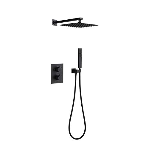 サーモスタットレインシャワー、隠しマットブラックシャワーコンボセットウォールマウントシャワー蛇口セット、レインフォールシャワーヘッド、ハンドヘルドシャワー、埋め込みボックス