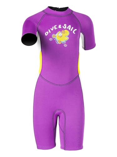 Monduelle Traje de baño de neopreno para niñas de 2,5 mm, traje de buceo corto, protección UV, traje de baño para surf, snorkel natación B púrpura 128-134
