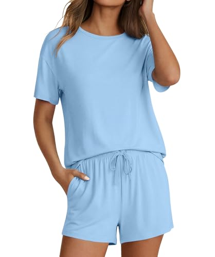 Image of Ekouaer Pajama Set for Women Viscose from Bamboo Short Sleeve Tops and Shorts Set 2 Piece Lounge Set