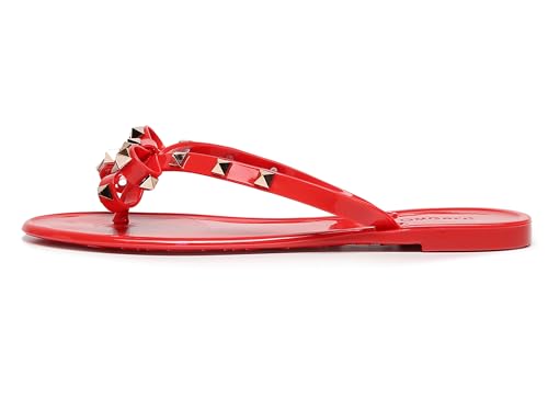 Image of Studded Jelly Shoes for Womens Bow Flip Flops Jellies Sandals Flat Black Summer Beach Thong with Rivets Strappy Slides Slip On