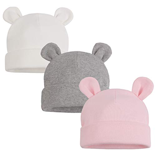 XIAOHAWANG Gorro de bebé recién Nacido niña Gorro bebé niño Gorro de algodón para 0-6 Meses bebé Unisex Gorro de Primeros Pasos (Blanc+Rose+Gris, 0-6meses, 0_Month)