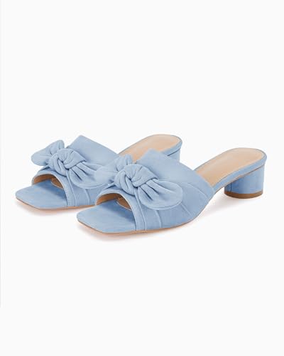 Image of Coutgo Womens Bow Slides Sandals Wide Width Slip On Chunky Low Heels Square Open toe Elagant Summer Shoes