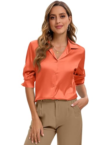 Image of Premium Soft Breathable Stretch Satin Silk Button Down Shirts for Women Long Sleeve Leopard Blouses Work Dress Tops