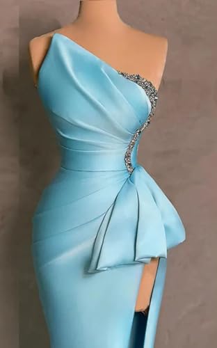 Strapless Evening Gowns 2024 Beaded Satin Ruched Mermaid High Slit Long Prom Dresses for Women3
