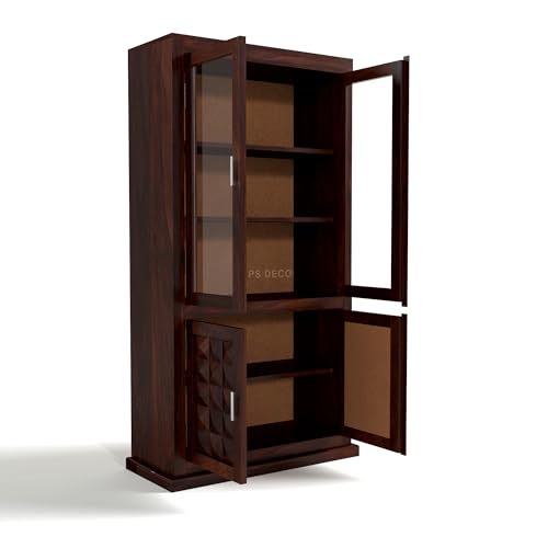 Image of Solid Sheesham Wood Book Shelf with Acrylic Glass Doors and Storage Cabinet | Rosewood Display Unit with 4 Doors for Living Room & Office (Walnut Finish)