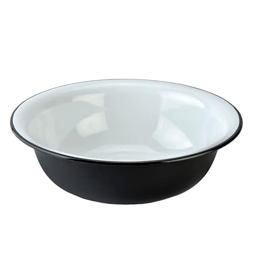 Strawberry and Cream Enamel Basin, Large Mixing Bowl, Enameled Steel Washing Basin, Vintage Bowl for Fruit and Vegetables, Bowl for Bread Mixing Vegetable Washing (Black and White 9.5-qt. (9 L))