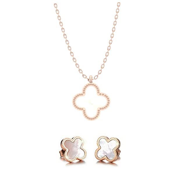 GenericLeaf Pendant Necklace Set with Matching Earrings for Women and Girls in Rose Gold Stainless Steel