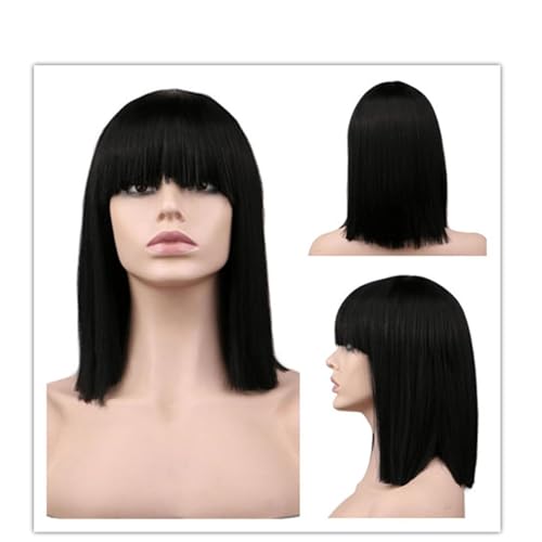 Image of Tressed Up Bob Wig with Bangs Straight Short Black Bob Wig with bangs Short Bob Wigs For Black Women Natural Looking for Daily Party Use (14 inches /black)