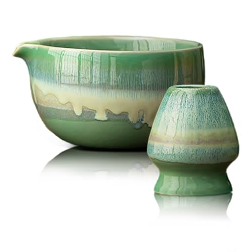 Mabecol - Cuenco para Matcha japonés, juego de 2 piezas con soporte Chasen, accesorios mínimos para ceremonia del té, ideal para principiantes, hogar y oficina, color verde