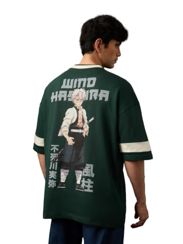 Image of The Souled Store Demon Slayer: Sanemi Men and Boys Short Sleeves V Neck Dark Green Anime Graphic Printed Cotton Oversized Breathable Lightweight Drop Shoulder Streetwear T-Shirts