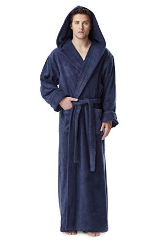 Arus Men's Hood'n Full Ankle Length Hooded Turkish Cotton Bathrobe Navy Blue XX-Large