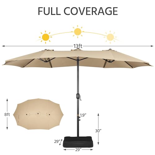 Yaheetech 13 ft Triple-size Patio Umbrella w/Base Included - Market Extra-Large Double Sided Umbrella - Twin-size Patio Parasol w/Easy Crank & 12 Strong Ribs & Ventilation Openings, Tan