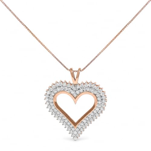 Original Classics 10K Rose Gold Plated .925 Sterling Silver 2.00 Cttw Natural Diamond Open Heart Pendant Necklace for Women, 18" Box Chain (I-J Color, I2-I3 Clarity)