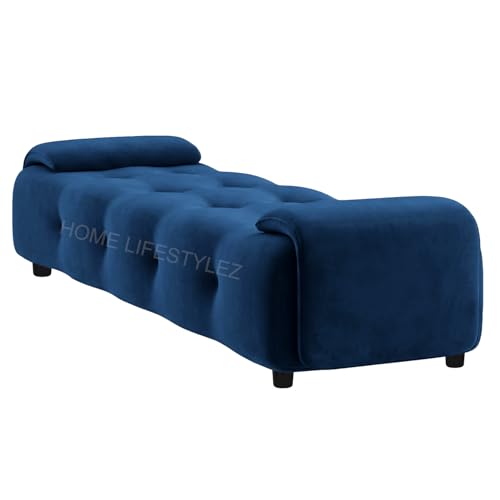 Image of Home Lifestlez Monel 2 Seater Tufted Ottoman Bench | Velvet Upholstered | Seating Bench Window Bench Footrest Stool End of Bed Bench Living Room Furniture | Comfortable & Stylish - Navy Blue