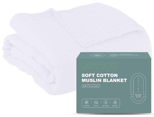 Image of Cosy Family 6 Layer Muslin Bed Blanket - Breathable and Lightweight Gauze Boho Blanket for Spring, Soft 100% Cotton Muslin, White, 80x90 Inches