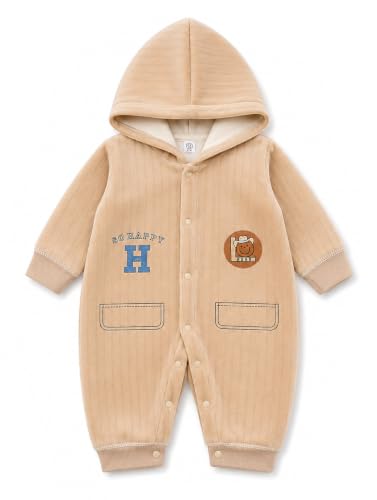 Image of Bold N Elegant Cartoon Bear Warm Winter Fur Wool Full Sleeve Footless Baby Romper with Hood, Front Button Bodysuit for Newborn Infant Baby Boy Girl