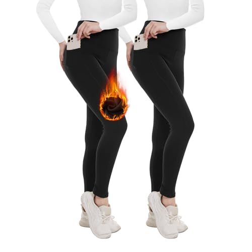 2 Pack Fleece Lined Leggings for Women - Thermal Winter Warm Tights Tummy Control High Waisted Workout Yoga Pants Two Pockets Large-X-Large 1# Fleece Lined Black/Black,2packs