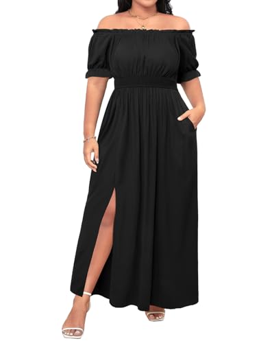 Image of Holipick Women's Off The Shoulder Boho Dress Plus Size Floral Smocked Waist Split Summer Maxi Sundress with Pockets