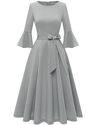Image of HomRain Women's Church Dresses Modest Bell Sleeve Wedding Guest Cocktail Tea Party Vintage Evening Dress