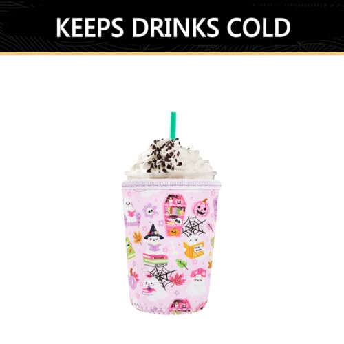 Image of YR Reusable Neoprene Insulator Sleeve for Iced Coffee Cups, 3 Pack Coffee Coolies sleeves for Iced & Hot Drinks, Cold Beverage Cooler Compatible with Cold Soda and More (Ghost & Book)
