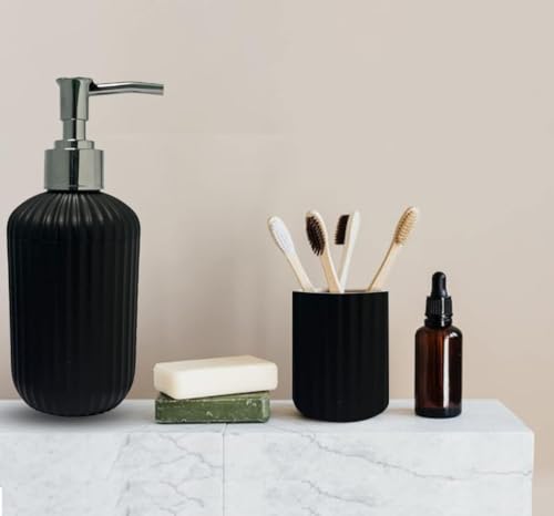Image of 3PCS Set Bathroom Soap Dispenser Set with Toothbrush Holder and Vanity Tray Unbreakable (Black)