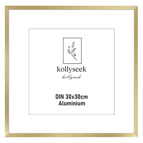 KollySeek Marco de Fotos de Aluminio 30 x 30 cm Negro con Plexiglás y Paspartú Moderno para Fotos y Póster en Oro