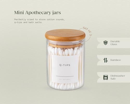 Mini-Glass-Apothecary-Jars-Bathroom-Container-Set-Bathroom-Organizers-and-Storage-Bathroom-Decor-with-Bamboo-Lids-Small-Kitchen-Containers-For-Cotton-Balls-Pads-and-Swabs-10-oz-Set-of-3 Mini Glass Apothecary Jars Bathroom Container Set Bathroom Organizers and Storage Bathroom Decor with Bamboo Lids Small Kitchen Containers For Cotton Balls Pads and Swabs 10 oz Set of 3