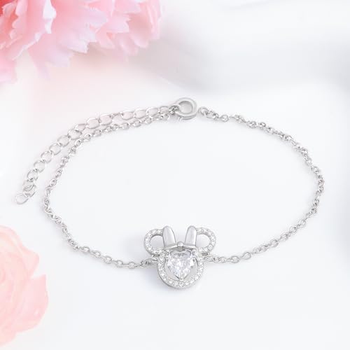 Mouse Bracelet for Women Sterling Silver CZ Mouse Heart Chain Bracelet Sparkling Cute Love Minnie Bow Animal Cartoon Link Bracelet Lucky Cute Princess Jewelry Gifts for Women Daughter Birthday2