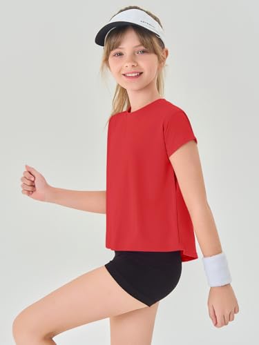 Haloumoning Girls Loose Athletic Shirts Short Sleeve Crop Tops Kids Quick Dry Gym Yoga Tees 5-14 Years4