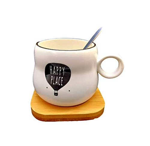 GeekGoodies Ring Ceramic Cup Milk Coffee Tea Soup Mug with Wooden Coaster and Steel Spoon - Happy Place