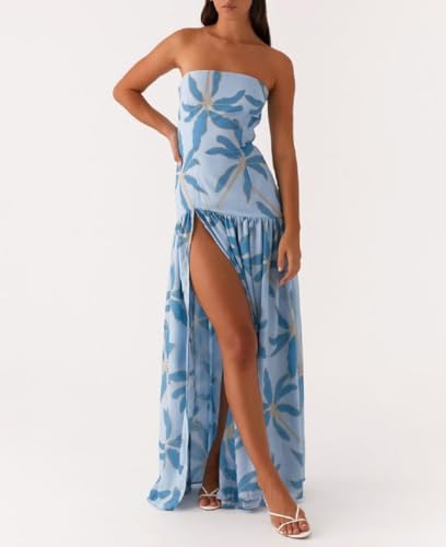 Image of Women Floral Strapless Maxi Dress Y2K Bodycon Tube Long Dresses Sexy Party Formal Cocktail Beach Slit Dress
