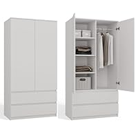 CDF Wardrobe Malwa White 90 cm wide | Children's room, bedroom | 2 drawers | 2-door wardrobe | Modern look | Everything included for assembly – Wardrobe for clothes and toys
