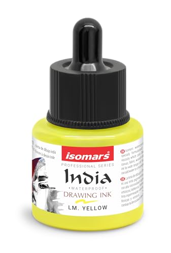 Image of Isomars Waterproof Drawing Ink with Dropper - 35ml | India Ink for Calligraphy, Art, Technical Drawing | Fade-Resistant & Quick-Drying (Lemon Yellow)