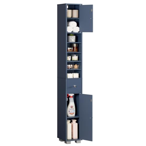 Image of TEENFON Bathroom Cabinet, Narrow Bathroom Storage Cabinet with 5 Adjustable Shelves & Drawer, Freestanding Cupboard for Small Spaces, Blue