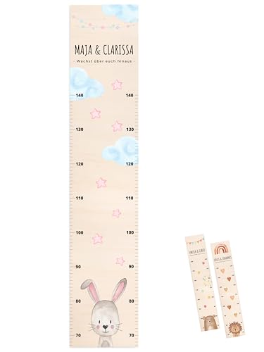 wunderwunsch® - Personalisierte Messlatte Kind Holz zum Kleben oder Aufhängen - Skala 70-140cm - Süße Dekoration für Baby- & Kleinkinderzimmer (Hase)