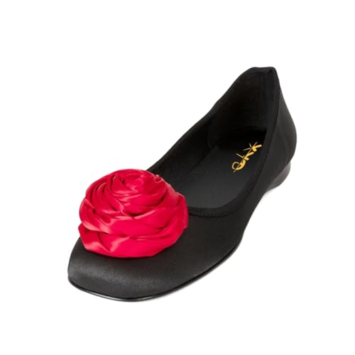 XYD Women's Closed Square Toe Slip On Ballet Flats Oversized Rose Flower Elegant Satin Dress Casual Comfort Shoes