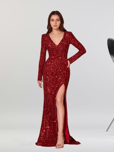 Basgute Sparkly Sequin Long Sleeve Prom Dresses Mermaid Slit V Neck Formal Evening Party Gown for Women2