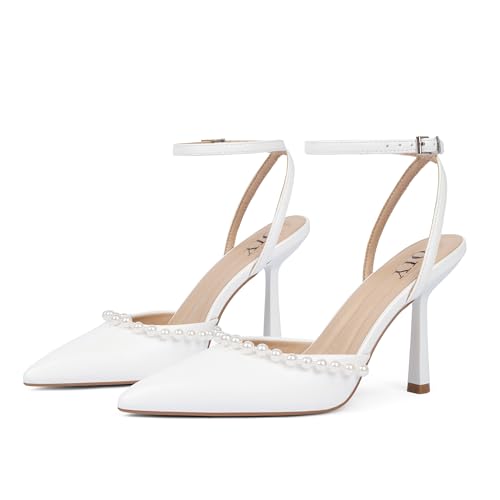 Image of QIY Closed Toe Ankle Strap Heels Women Pumps Pointed Toe Heeled Sandals for Women Stiletto Wedding Dress Shoes