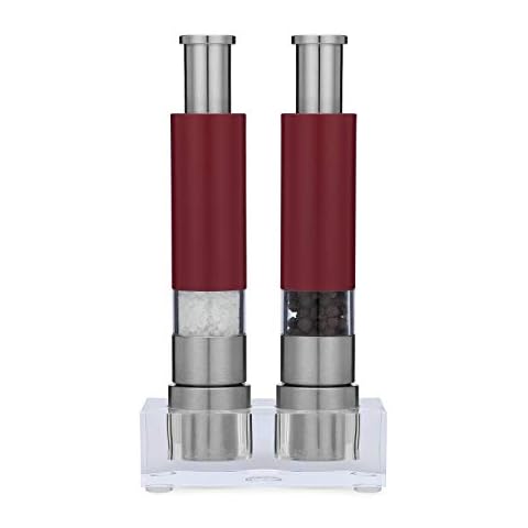 Grind Gourmet 2021 Newly Updated Design Salt and Pepper Grinder Set of 2 with Modern Thumb Push Button Red Grinder, Premium Stainless Steel, for Black Pepper, Sea Salt and Himalayan Salt, With Stand, Peppermill are Refillable Cover