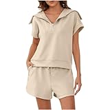 Generic Cute 2 Piece Outfits for Women Summer Casual Short Sets Women Vacation Trendy 2024 Loungewear Clothing Set Beige, Large