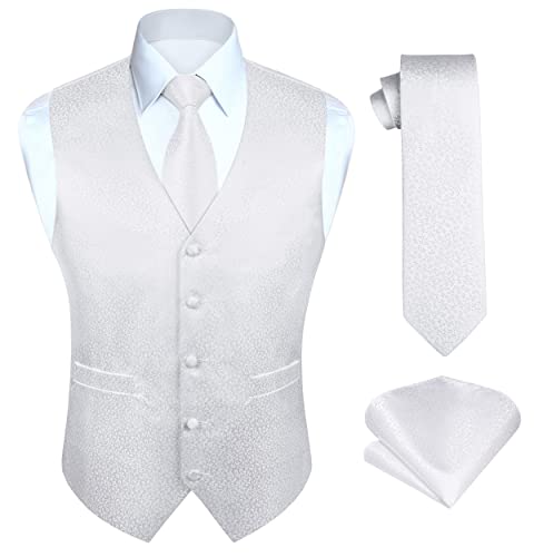HISDERN Chaleco de boda blanco para hombres Chalecos de Paisley Jacquard Corbata Bolsillo cuadrado Pañuelo Banquete de boda Chaleco de ajuste de negocios Conjunto de traje M